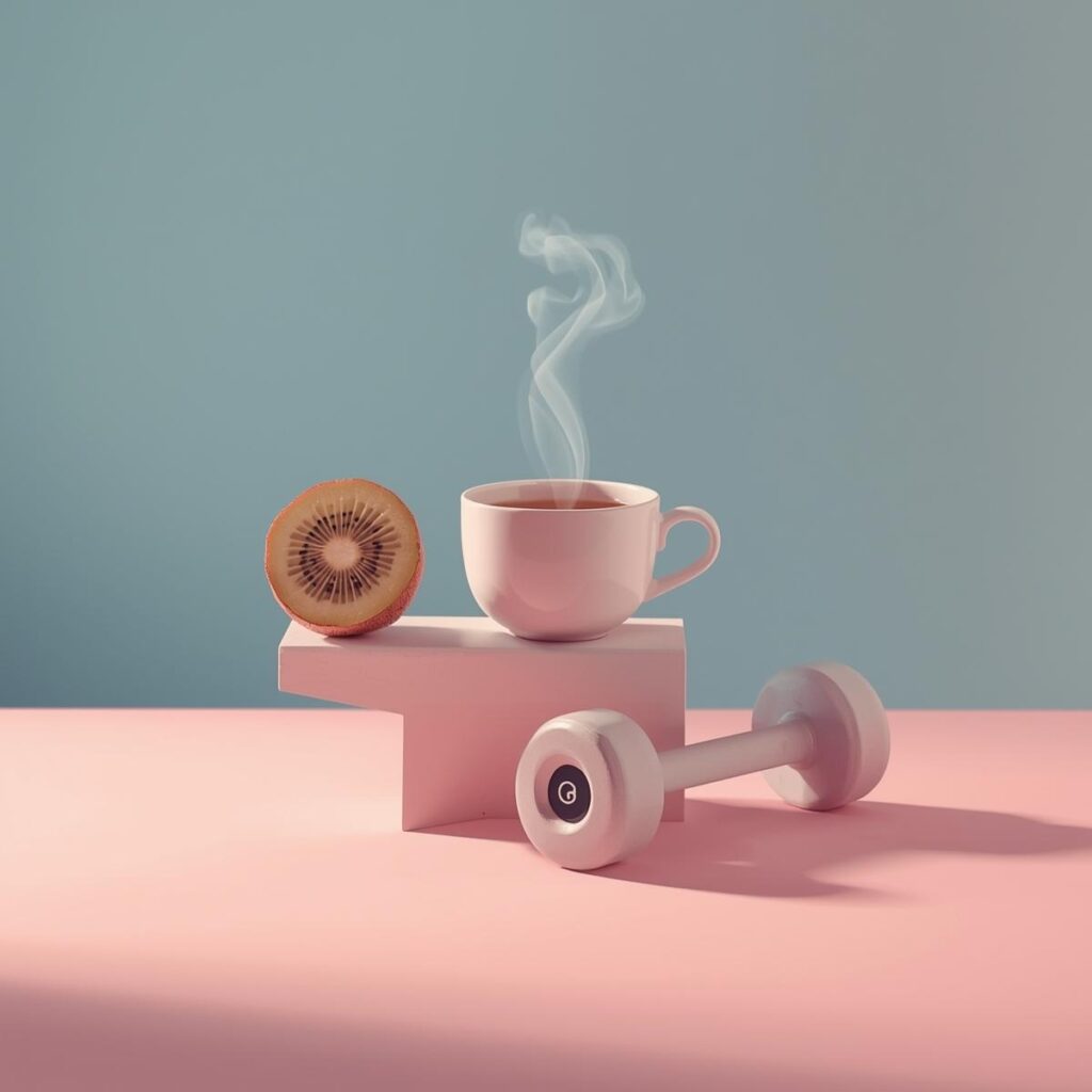Kiwi, Tee und leichte Hantel auf rosa-blauem Verlauf – Symbol für achtsame Bewegung bei FitHub.