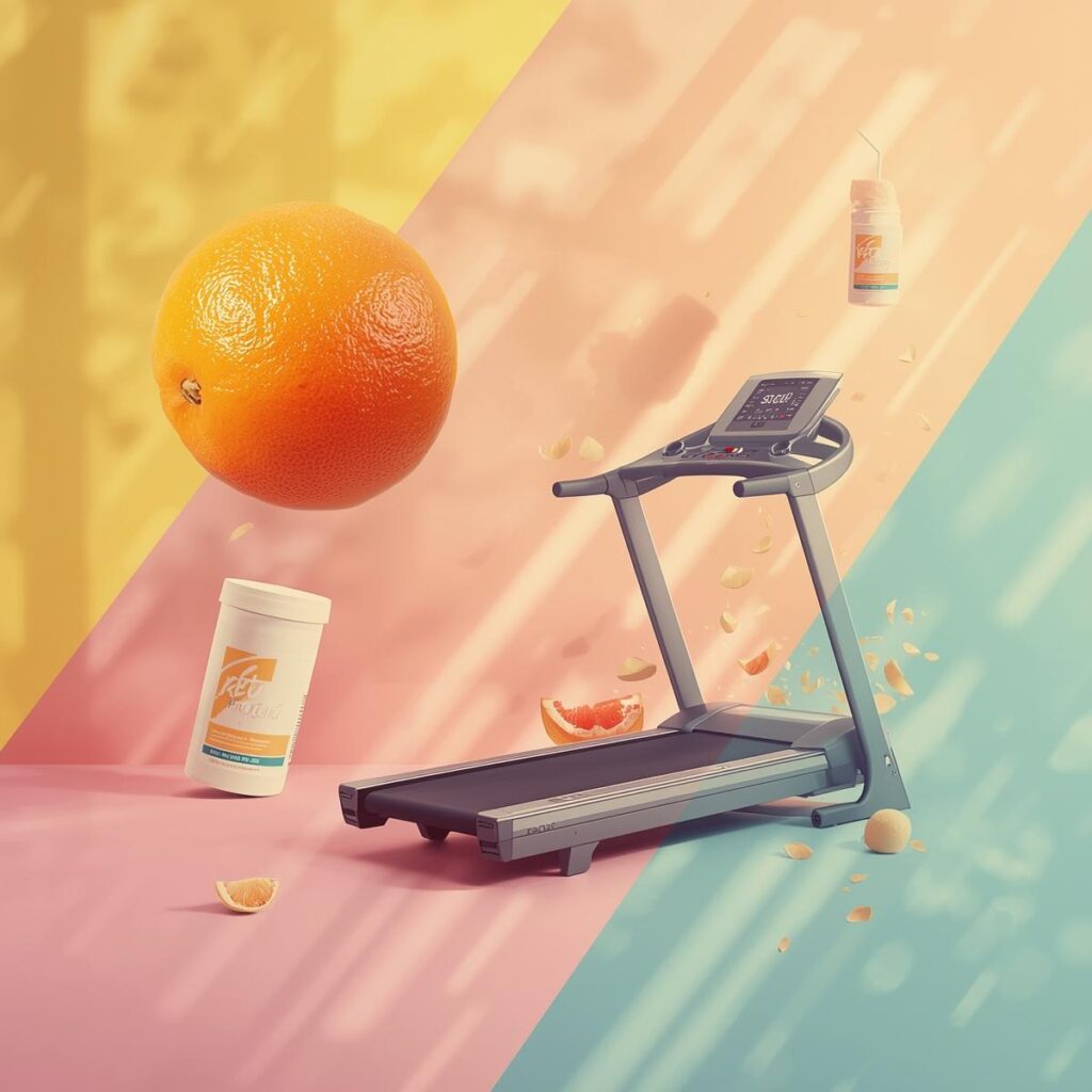 Grapefruit, Laufband und Proteinshake mit dynamischen Linien auf pink-gelbem Hintergrund – Symbol für sexuelle Ausdauer bei FitHub.