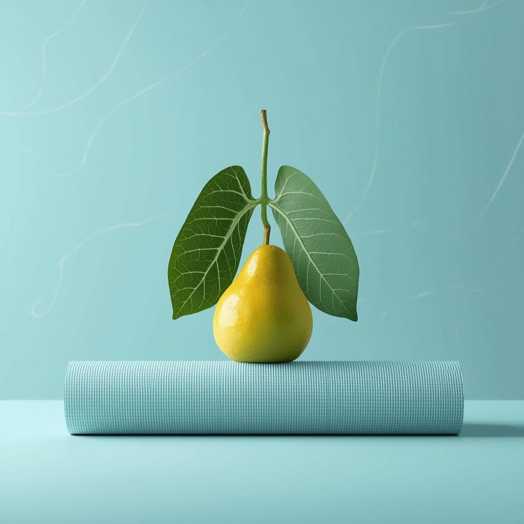 Stilisiertes Blatt, das Atem symbolisiert, mit Birne und Yogamatte auf pastellblauem Hintergrund – Symbol für bewusste Atemtechniken bei FitHub.