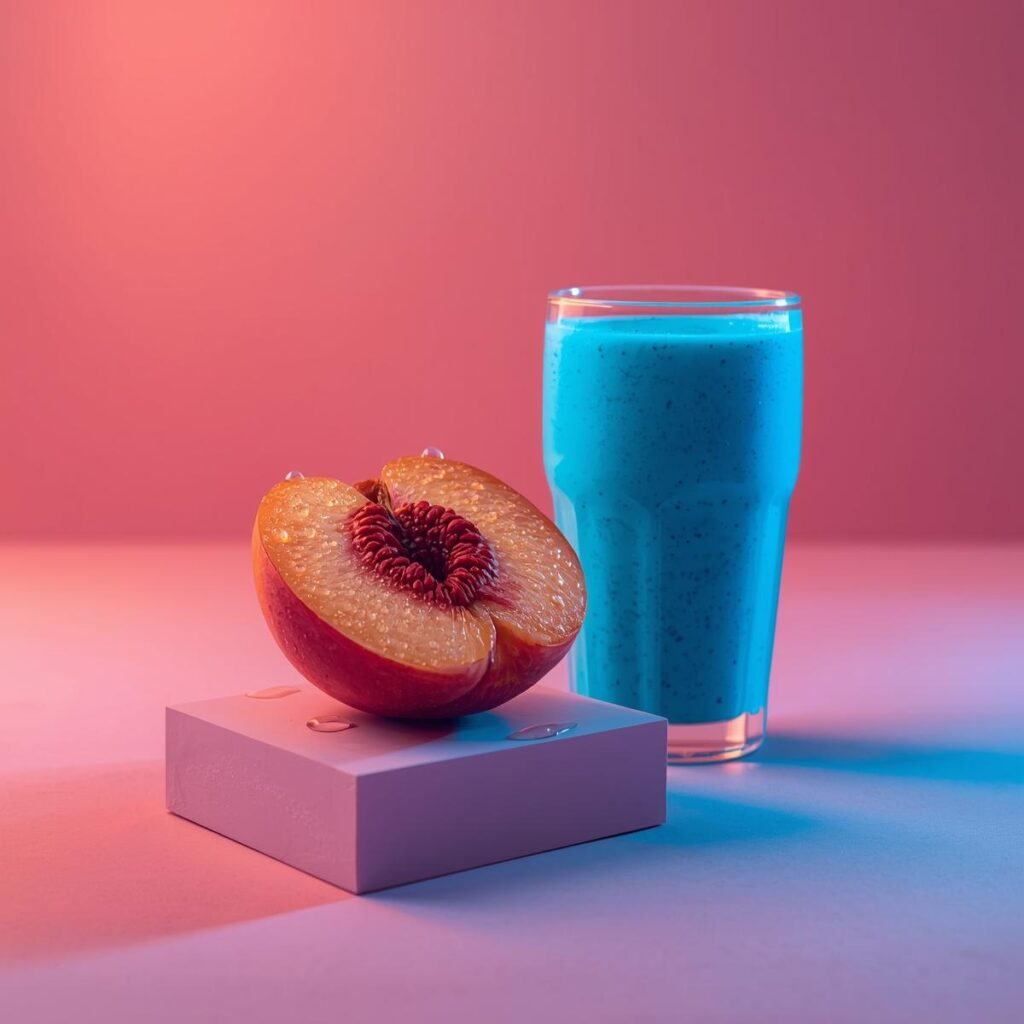 Pfirsichhälfte auf Yogablock mit Proteinshake und rosa-blauem Farbverlauf – Symbol für erotische Körperbalance bei FitHub.