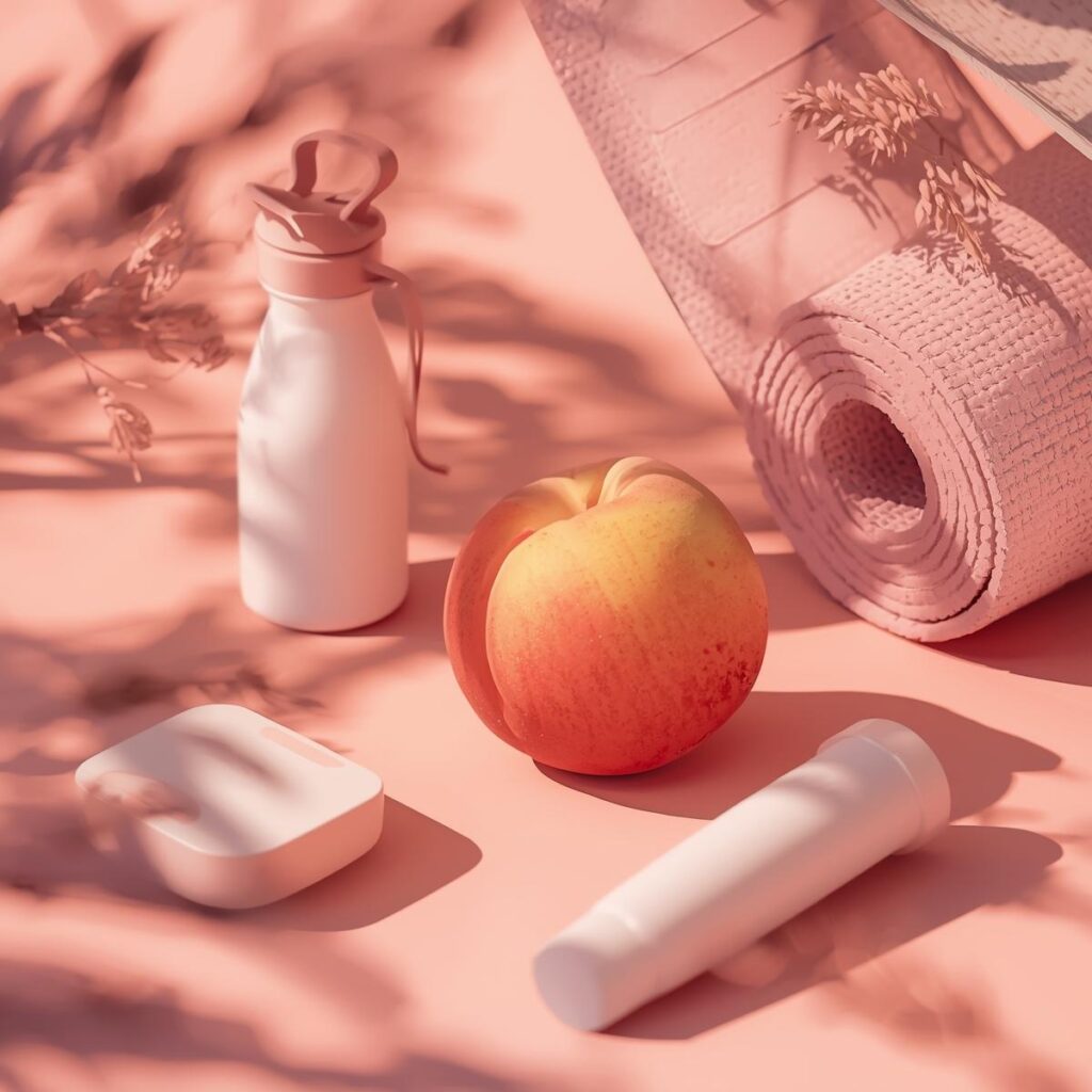 Pfirsichhälfte auf Yogablock mit Proteinshake – Symbol für erotische Körperbalance & sexuelle Fitness bei FitHub.