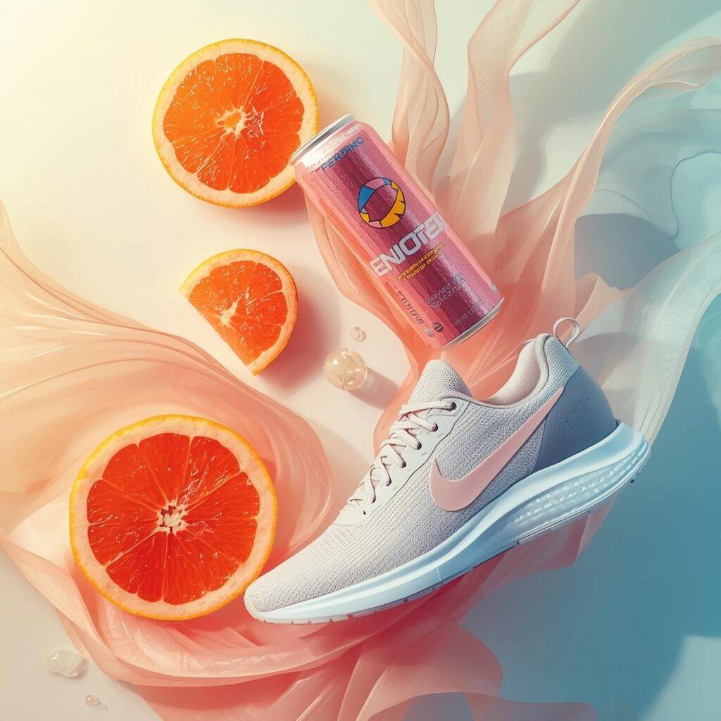 Grapefruit-Scheiben, Laufschuhe und Energy Drink auf hellgelbem Pastellhintergrund – Symbol für Cardio & sexuelle Fitness bei FitHub.