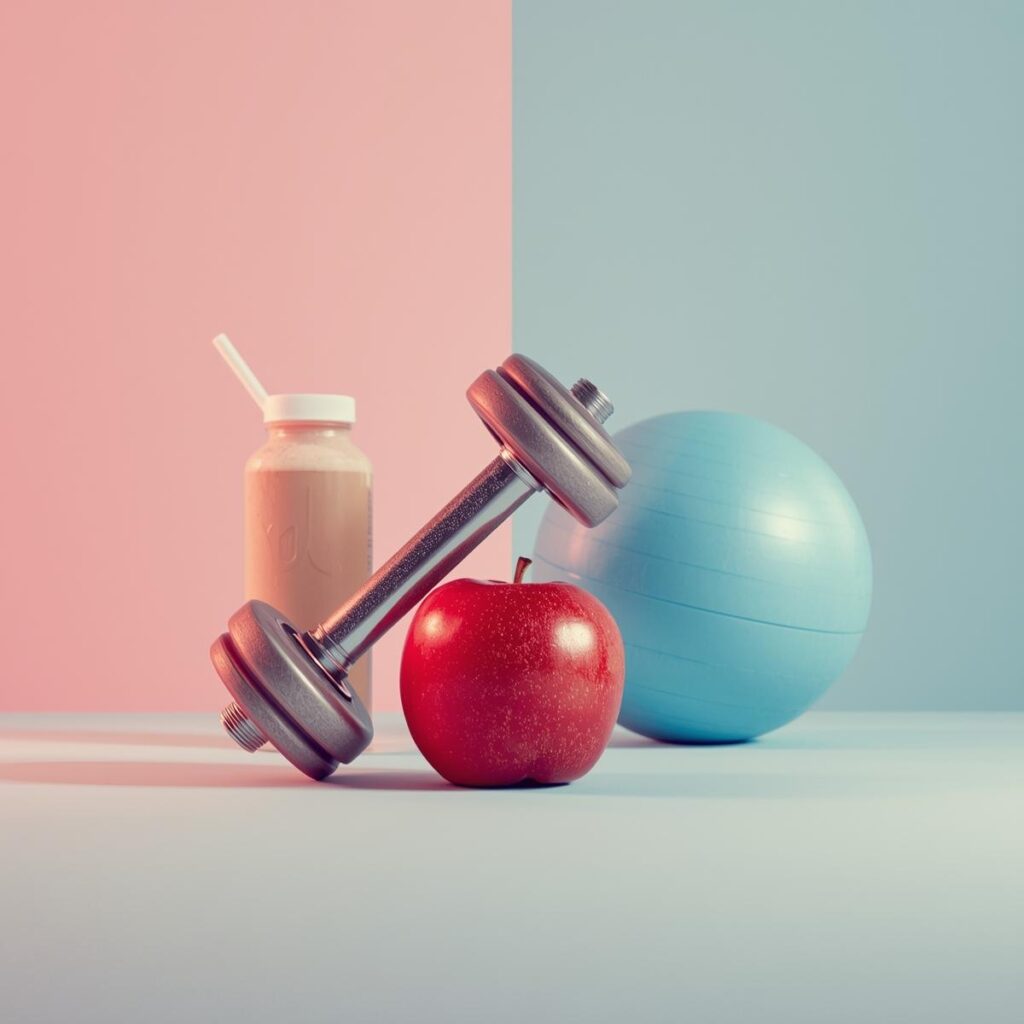 Illustration eines Apfels mit Hantelgriff, Proteinshake und Yogaball auf hellblauem Hintergrund – Symbol für Core Stability & sexuelle Fitness bei FitHub.