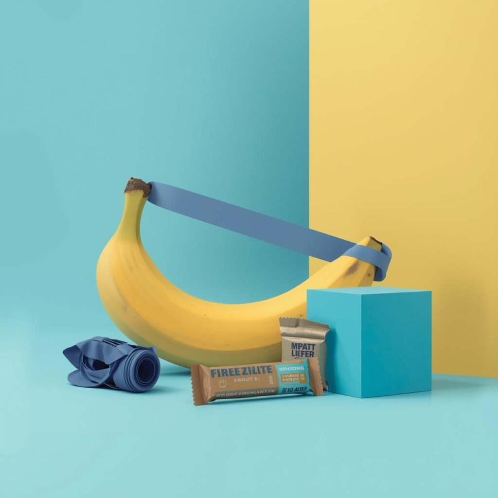 Abstrakte Illustration einer Bananenform mit Stretchband, Proteinriegel und pastellblauem Hintergrund – Thema Dehnen & Flexibilität bei FitHub.