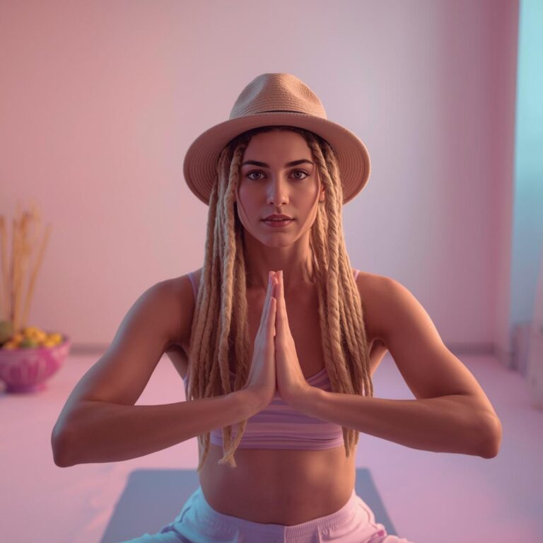 Frau in Balance-Pose mit Yogamatte & Obst, Pastellfarben Rosa, Hellblau, Gelb – Symbol für Gleichgewicht & Körperbewusstsein.