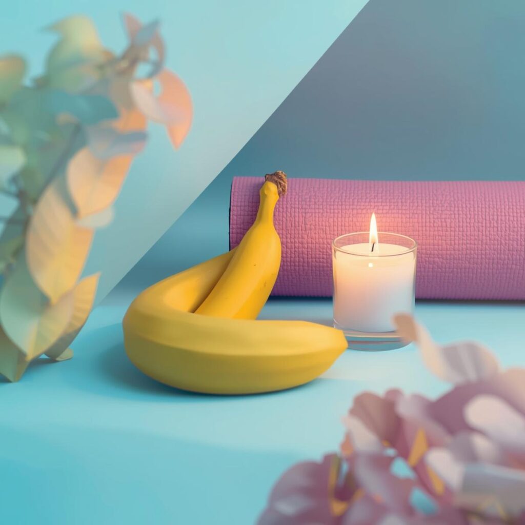 Banane, Yogamatte und Duftkerze auf hellblauem Pastellhintergrund – Symbol für Entspannung & Regeneration bei FitHub.