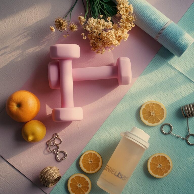 Flatlay mit Fitnessartikeln & Obst – Symbol für Kraft, Kontrolle & Balance.