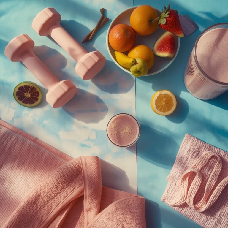 Flatlay mit Fitnessartikeln & Obst – Symbol für Kraft, Balance & Energie.