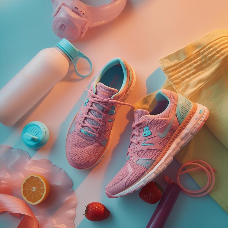 Flatlay mit Jogging-Sneakers, Wasserflasche, Eiweißshake, Obst und Springseil in Pastellfarben Rosa, Hellblau, Gelb – Symbol für Cardio, Fitness und sexuelle Ausdauer.