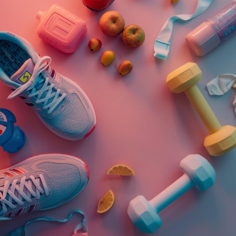 Flatlay mit Fitnessartikeln & Obst – Symbol für Kraft, Energie & Ausdauer.
