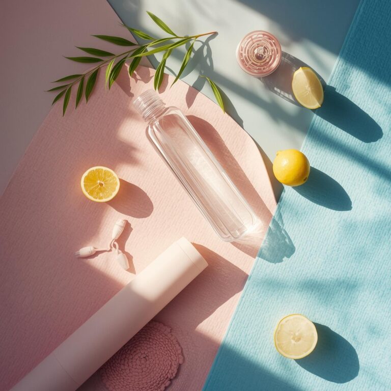 Flatlay mit Yoga-Matte, Obst und Atemübungs-Karte – Symbol für Achtsamkeit, Atmung und Energie.