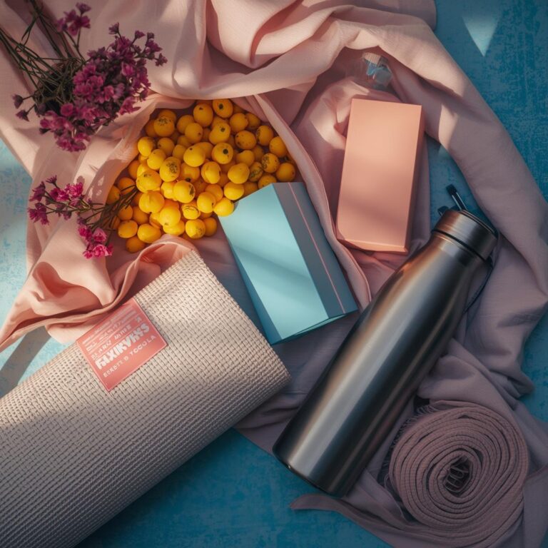 Flatlay mit Yoga-Tools und Obst in Pastellfarben – Symbol für Flow, Energie und Balance.