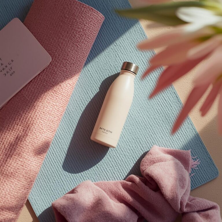 Flatlay mit Yoga-Matte, Wasserflasche, Handtuch und pinkem Eyecatcher in Pastellfarben – Sinnbild für Dehnen und Flexibilität im Alltag.