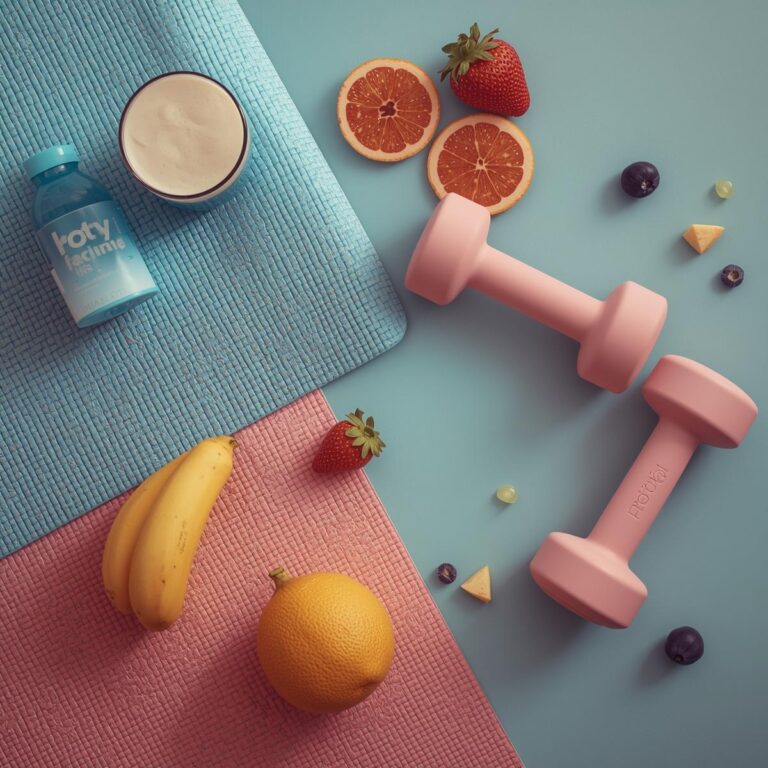 Flatlay mit Yogamatte, Hanteln, Eiweißshake und Obst in Pastellfarben Rosa, Hellblau und Gelb – Symbol für Core-Training, Balance und Fitness.