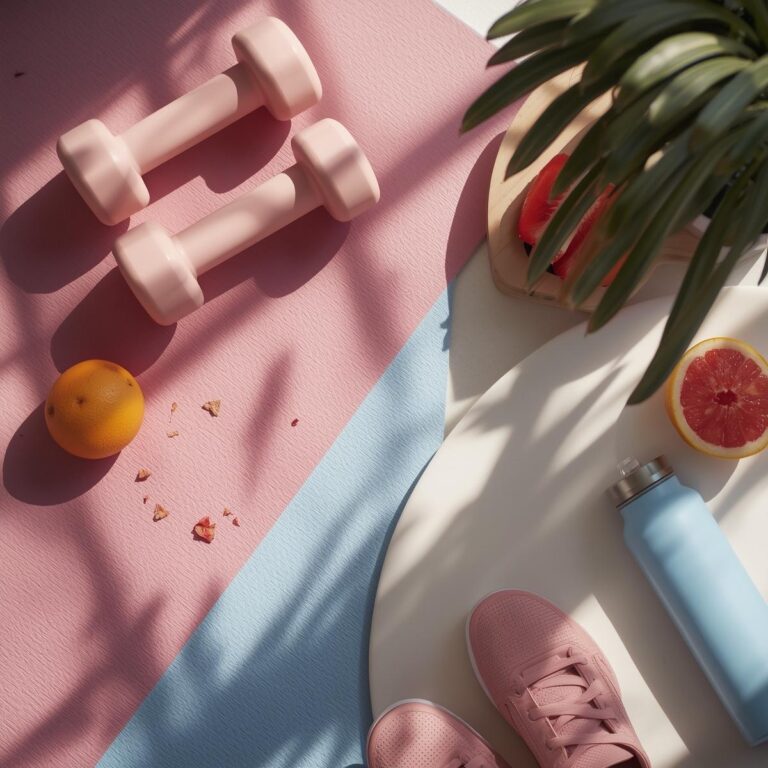 Flatlay mit Fitnessartikeln & Obst in Pastellfarben – Symbol für Balance, Stärke & Wohlbefinden.