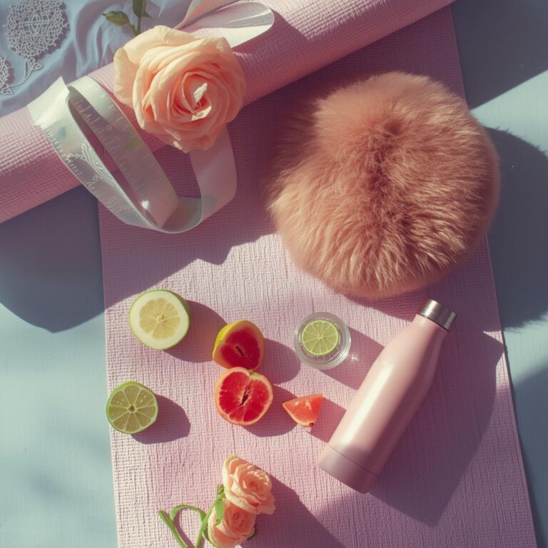 Flatlay mit Yogazubehör & Obst in Pastellfarben – Symbol für achtsames Training & Balance. Titel: Achtsame Bewegung – Balance & Präsenz mit FitHub