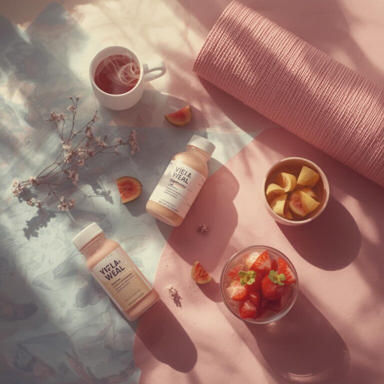 Flatlay mit Tee, Obst & Matte – Symbol für Entspannung & Erholung.