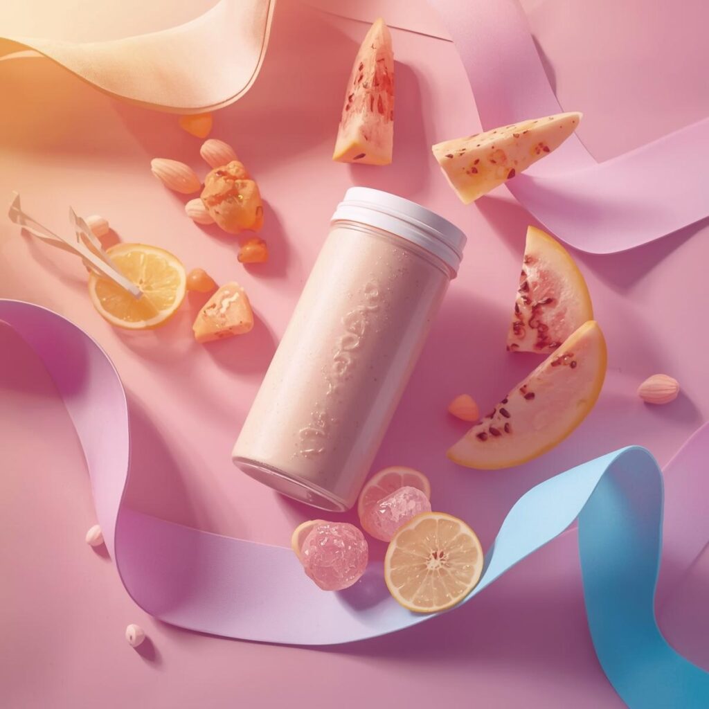Proteinshake, Stretchband und Melonenscheiben in Bewegung auf pink-gelbem Pastellhintergrund – Symbol für Flex & Flow Workouts bei FitHub.