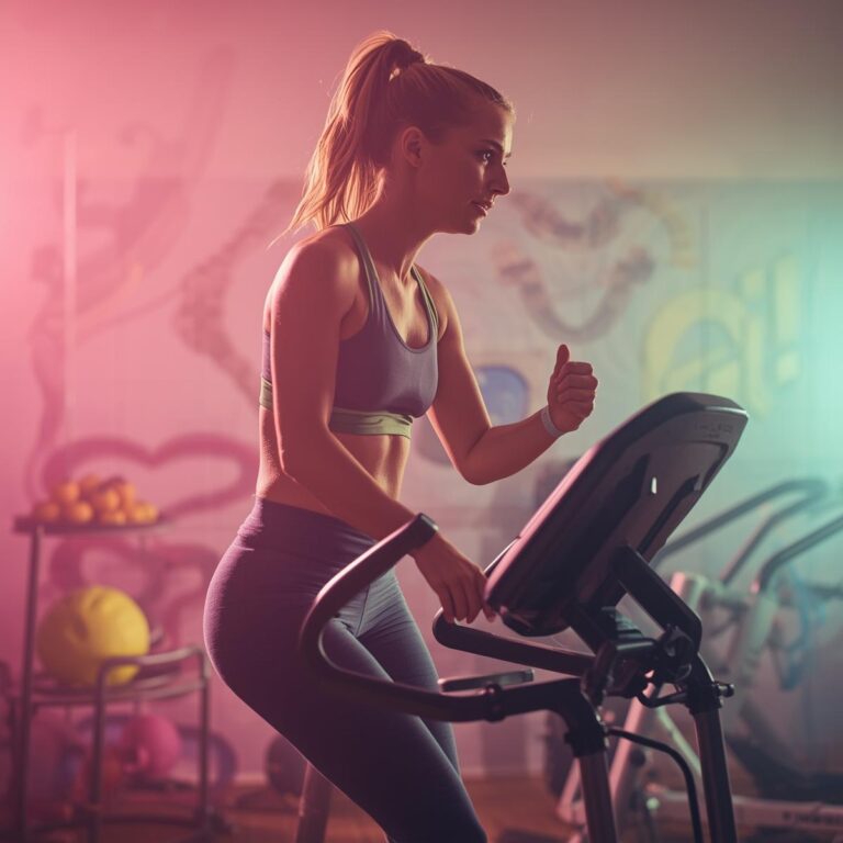 Frau beim Cardio-Training / Ausdauertraining auf Stepper, Obstschale und Fitnessartikel im Hintergrund in Pastellfarben Rosa, Gelb, Hellblau – Symbol für Cardio, sexuelle Ausdauer und Energie.