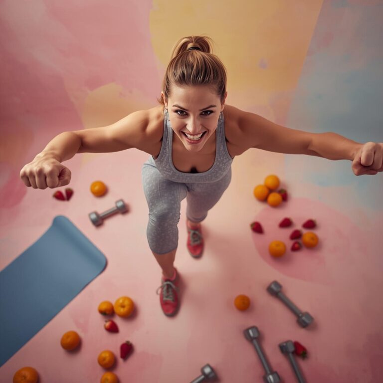 Frau beim High Knees Workout, Obst und Fitnessartikel um sie herum, Pastellfarben Rosa, Gelb, Hellblau – Symbol für Ausdauer, Lustempfinden und Körperbewusstsein.