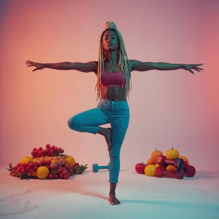 Frau balanciert mit offenen Armen, Obst & Hanteln – Symbol für Körperbewusstsein, Sinnlichkeit & Balance.