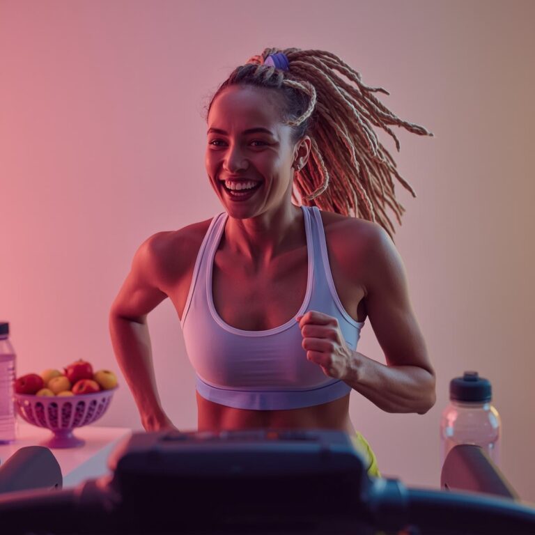 Frau beim Ausdauertraining in pastellfarbener Umgebung – Symbol für Energie & sexuelle Ausdauer.