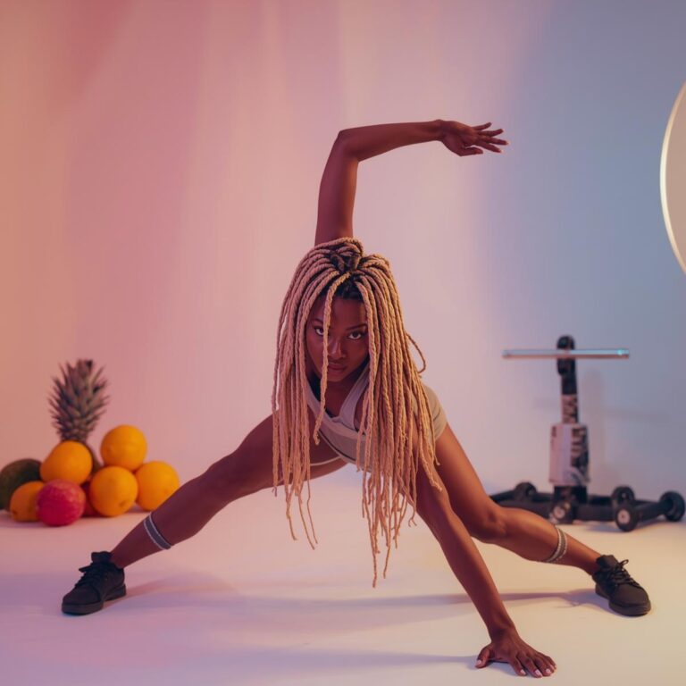 Frau in Stretch-Pose mit Obst & Matte – Symbol für Sinnlichkeit & Ausdauer.