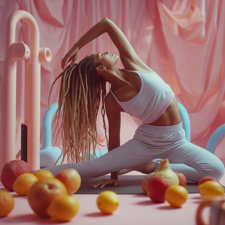 Frau in Dehnpose mit Obst und Fitnessartikeln – Symbol für Sinnlichkeit, Flow und Beweglichkeit.