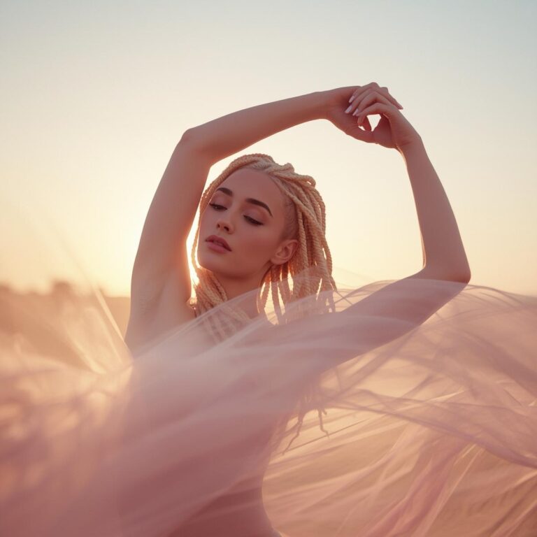 Frau mit blonden Dreads in sanfter Dehnpose bei Sonnenaufgang. Pastellfarben in Rosa, Gelb und Hellblau – Symbol für Dehnen und Flexibilität im FitHub-Stil.