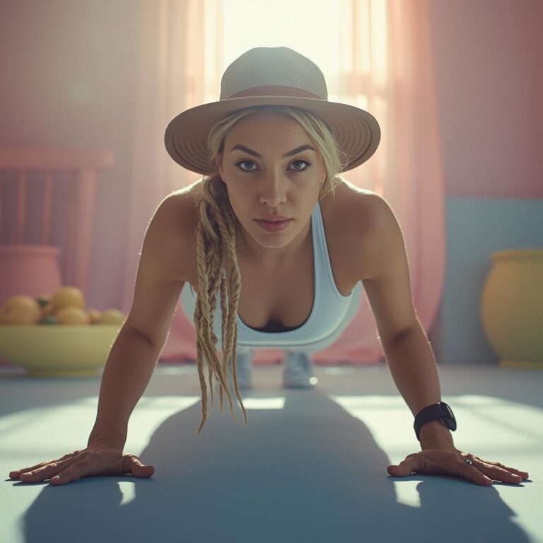 Rumpfstabilität Frau in Plank-Pose mit Obstschale und Fitnessartikeln im Hintergrund in Pastellfarben Rosa, Gelb und Hellblau – Symbol für Core-Stability, Energie und gesteigertes Lustempfinden.