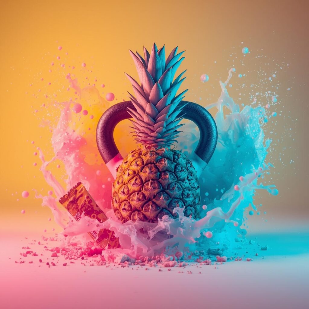 Ananas, Kettlebell und Proteinriegel auf farbenfrohem Pastellhintergrund – Symbol für Ganzkörperkraft bei FitHub.