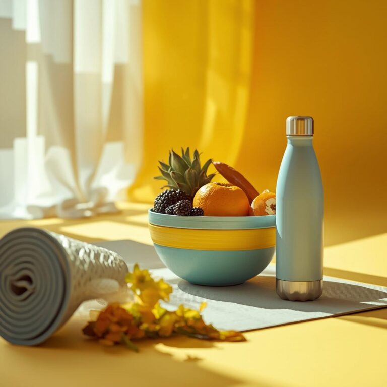 Morgenroutine mit Yoga-Matte, Obst und Wasser – Achtsamkeit und tägliches Beckenbodentraining für mehr Energie.