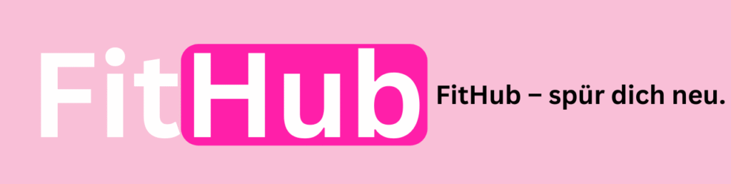 Pastellrosa Banner mit weißer Schrift und pinkem Eyecatcher. Slogan: „FitHub – spür dich neu.“ Symbol für Energie, Selbstbewusstsein und Beckenbodentraining.