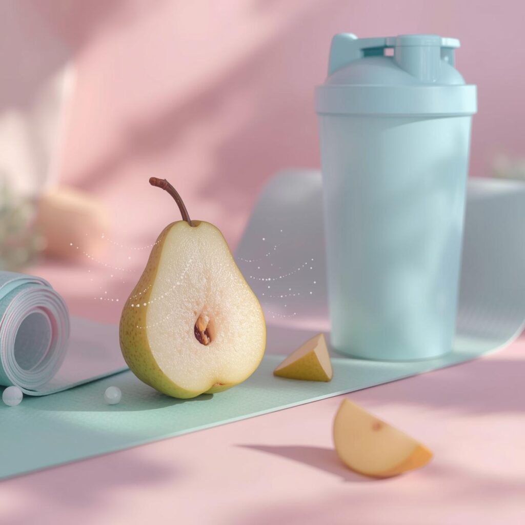 Birne, Yogamatte und blauer Shaker auf zartem Pastellhintergrund – Symbol für Atmung & Körperbewusstsein bei FitHub.