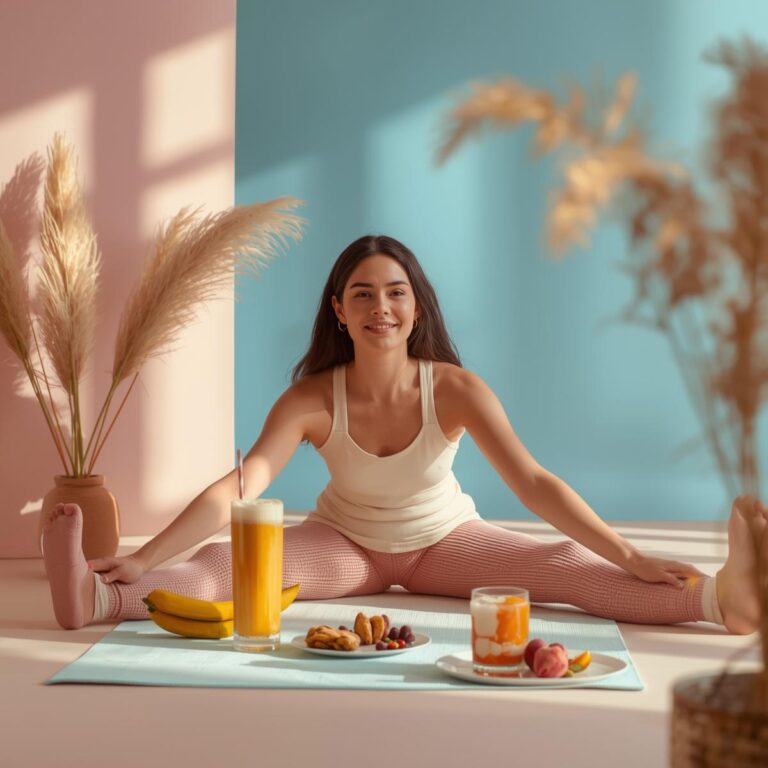 Frau beim Beckenbodentraining mit Fitnessmatte und Smoothie – Symbol für Balance, Energie und Körperbewusstsein.