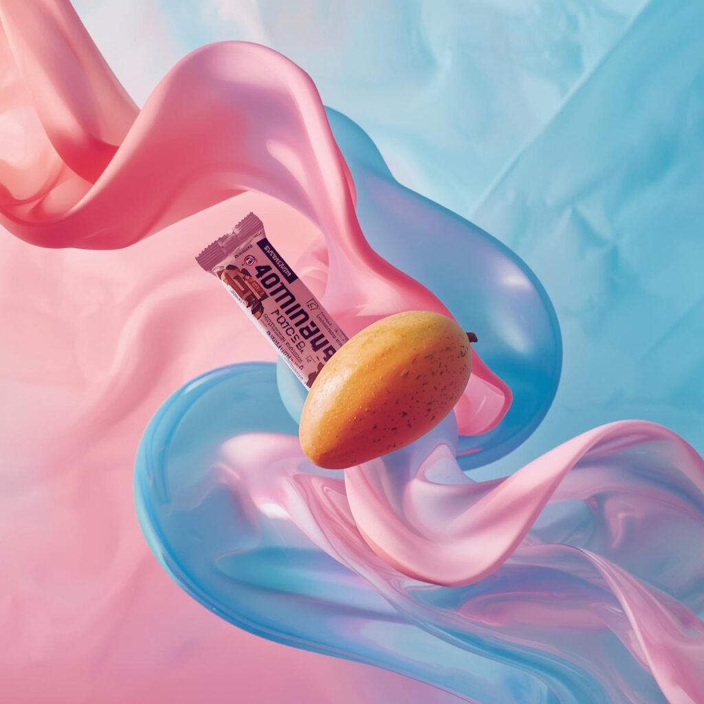 Mango, Proteinriegel und Stretchband in Bewegung auf pastellrosa-blauem Hintergrund – Symbol für Mobility & Flow bei FitHub.