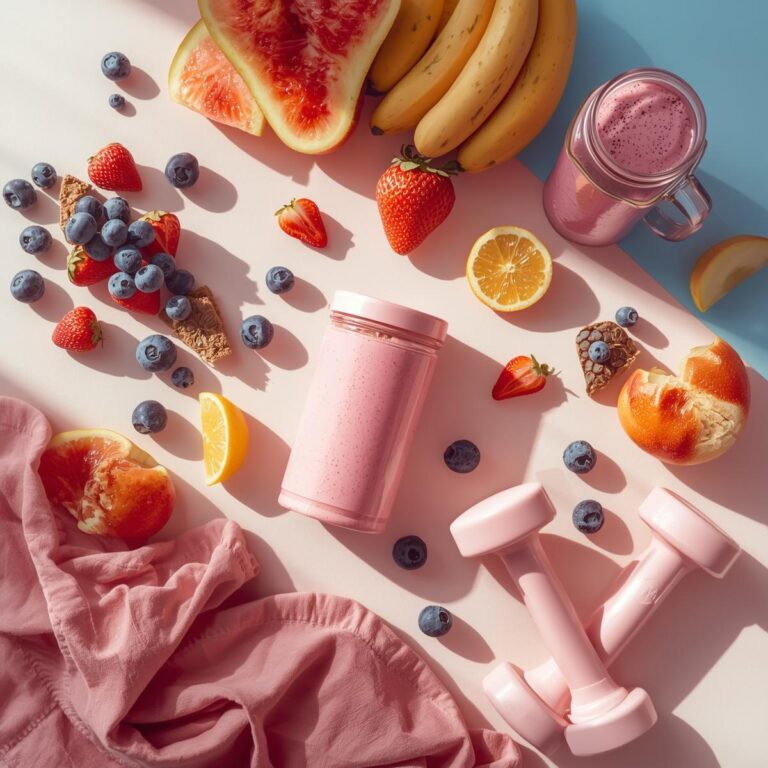 Flatlay mit gesunden Snacks, Hanteln und Zubehör für das Beckenbodentraining – Fokus auf Ernährung und Balance.