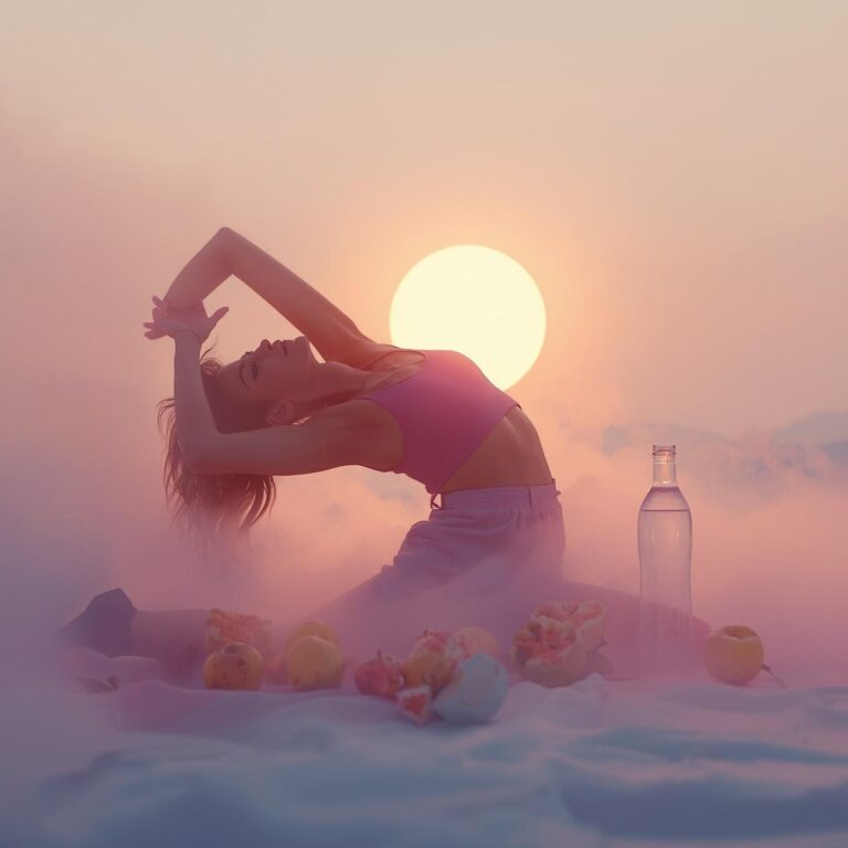 Person beim Stretching mit Obst & Licht – Symbol für morgendliche Energie & Balance.