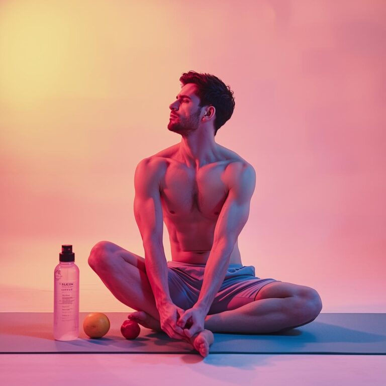 Person dehnt sich nach Core-Workout, Wasserflasche und Obst neben Matte, Pastellfarben Rosa, Gelb, Hellblau – Symbol für Core-Kraft, Balance und Regeneration.