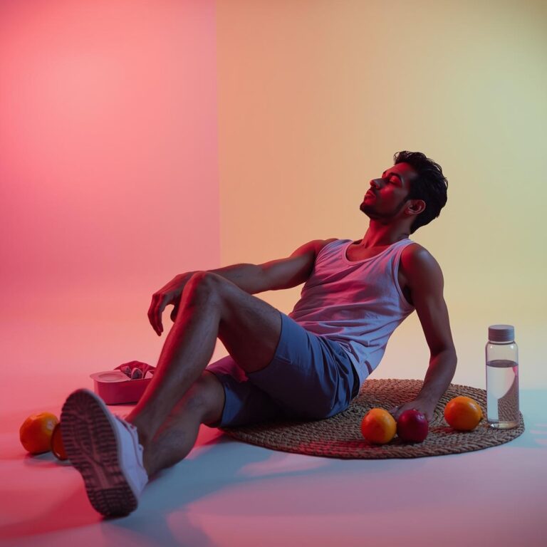 Person in entspannter Flow-Pose mit Obst und Matte – Symbol für Balance, Energie und Regeneration.