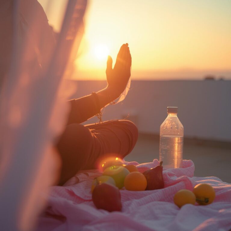 Person in Atemübung bei Sonnenaufgang, Obst & Wasserflasche, Pastellfarben Rosa, Gelb, Hellblau – Symbol für Achtsamkeit, Balance und Energiefluss.