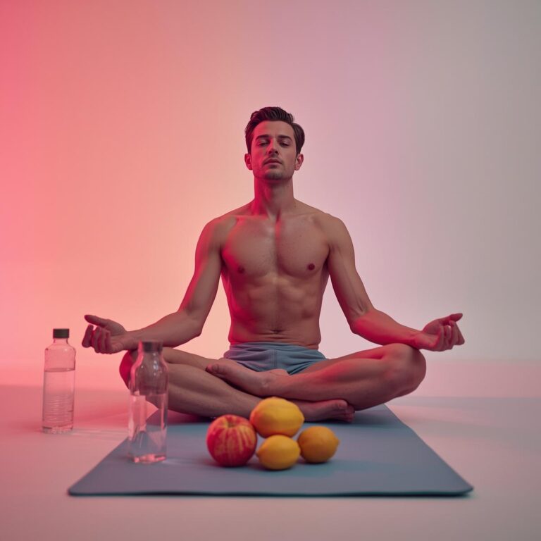 Person meditiert nach achtsamer Bewegung, Obst & Matte, Pastellfarben Rosa, Hellblau, Gelb – Symbol für Balance & Bewusstsein.