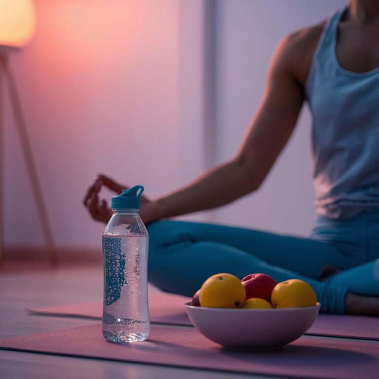 Person meditiert mit Obst & Matte, Pastellfarben Rosa, Hellblau, Gelb – Symbol für Ruhe, Balance & Achtsamkeit.