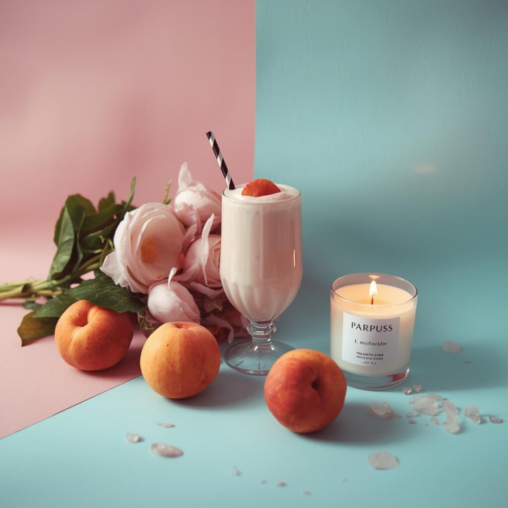 Pfirsich, Milchshake und Duftkerze auf rosa-blauem Pastellhintergrund – Symbol für Ruhe, Genuss & Selbstliebe bei FitHub.