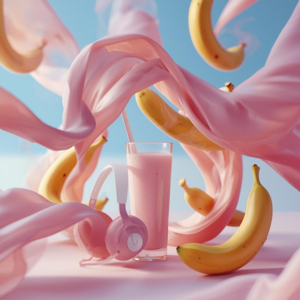 Bananen- und Mangoformen in Bewegung mit Kopfhörern und Proteinshake, auf pastellrosa Hintergrund – Symbol für Tanz & Sinnlichkeit bei FitHub.