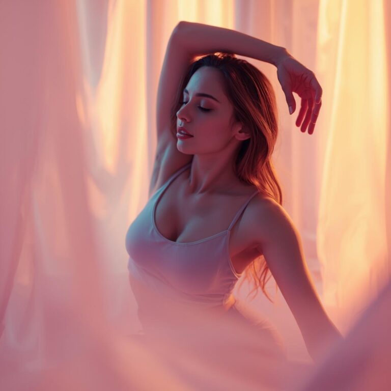 Frau berührt sanft ihre Schulter in Dehnpose – Pastellfarben in Rosa, Gelb und Hellblau. Darstellung von Sinnlichkeit, Körpergefühl und Flexibilität.