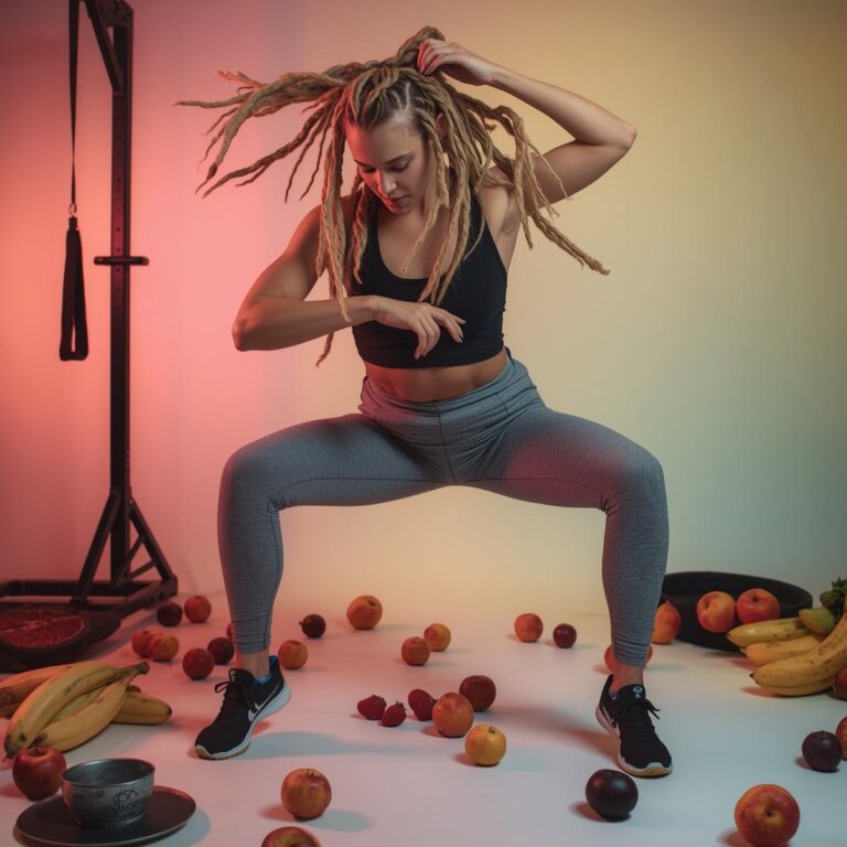 Frau beim Russian Twist, Fitnessartikel und Obst um sie herum, Pastellfarben Rosa, Gelb, Hellblau – Symbol für Core-Stability, Lustempfinden und Körperbewusstsein.