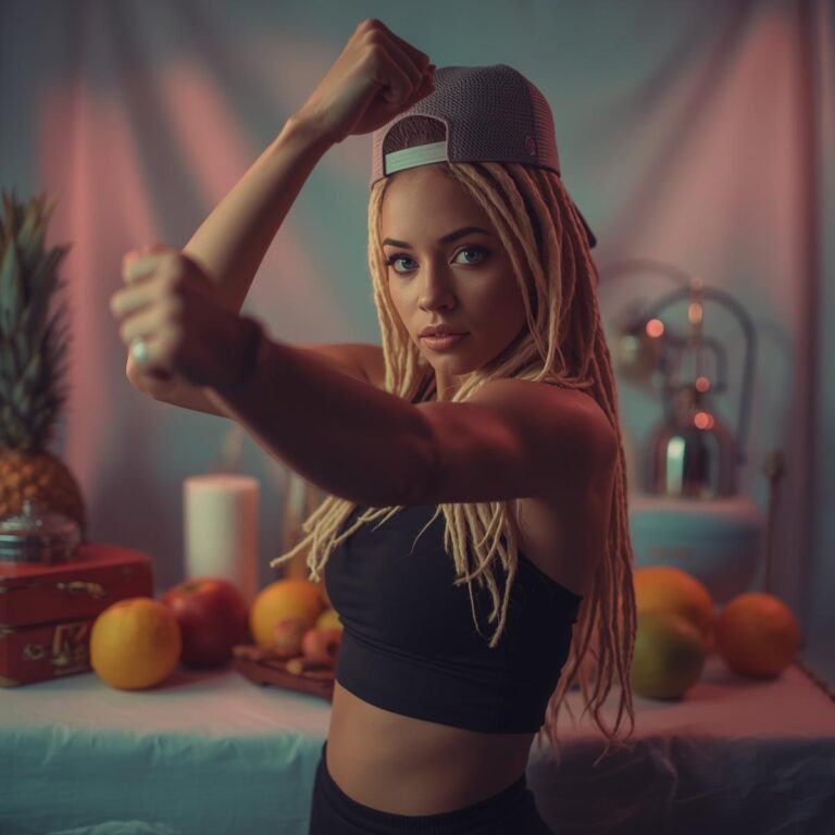 Frau in Balance-Pose mit Obst & Hanteln – Symbol für Kontrolle, Sinnlichkeit & Körperbewusstsein.