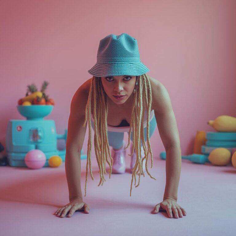 Frau in Plank-Pose mit Obst & Matte – Symbol für Kraft, Kontrolle & Energie.