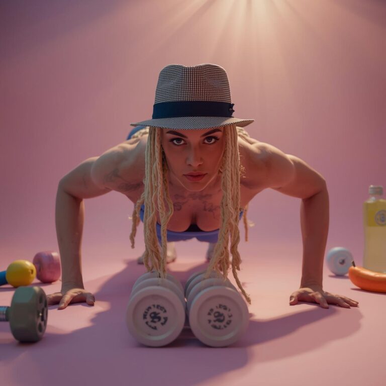 Frau in Plank-Pose mit Fitnessartikeln & Obst in Pastellfarben – Symbol für Ganzkörperkraft & Energie.